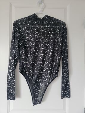 Black Star Print Mesh Long Sleeve Bodysuit